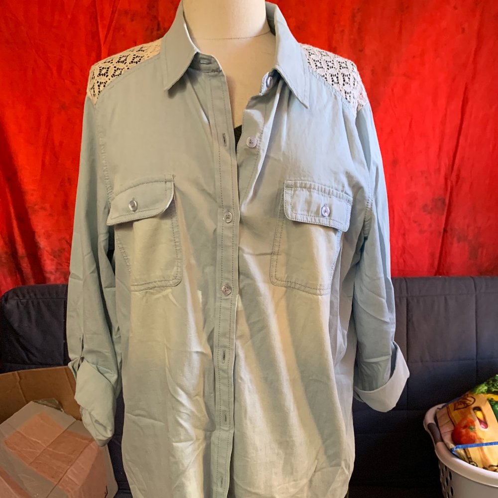 Chicos Distressed Denim Blouse w/ Lace